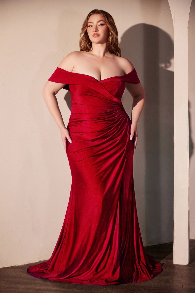 Off-Shoulder Satin Plus Size Prom Dress with High Slit - Ladivine CD790C