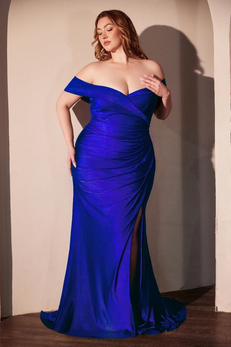 Off-Shoulder Satin Plus Size Prom Dress with High Slit - Ladivine CD790C