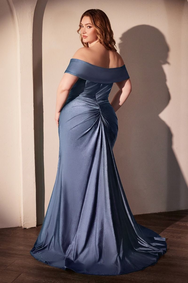 Off-Shoulder Satin Plus Size Prom Dress with High Slit - Ladivine CD790C