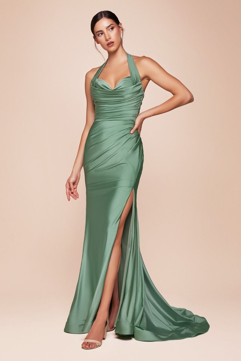 Halter Satin High-Slit Prom Gown - Ladivine CD796