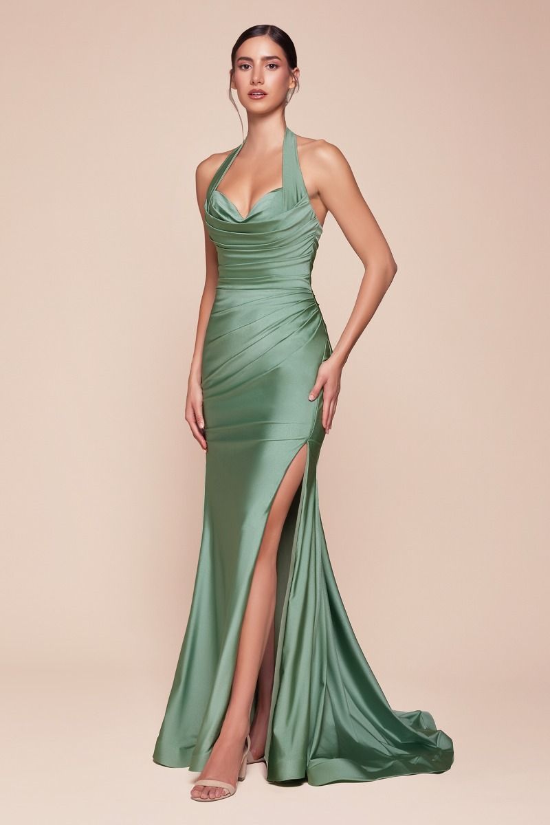 Halter Satin High-Slit Prom Gown - Ladivine CD796
