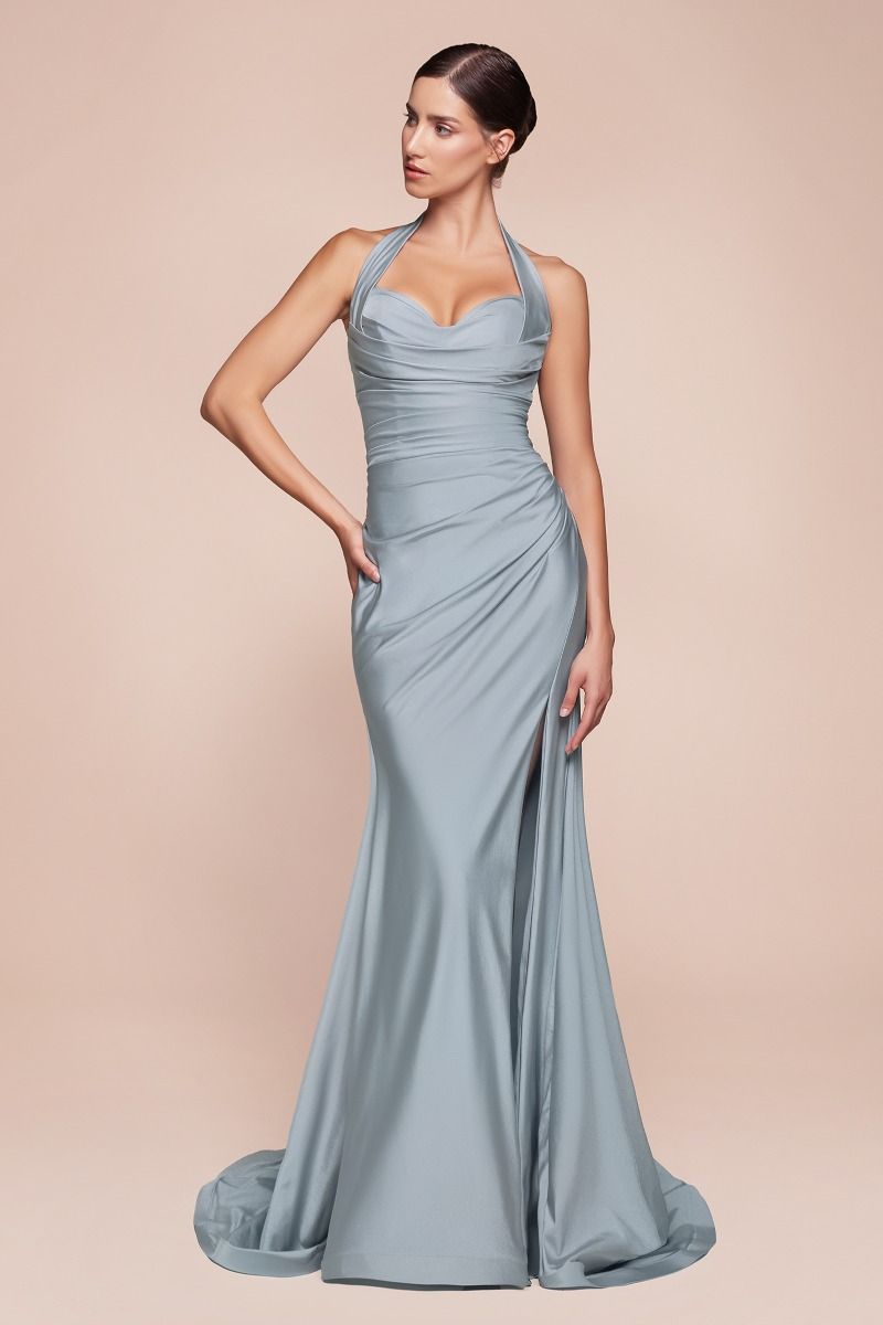 Halter Satin High-Slit Prom Gown - Ladivine CD796