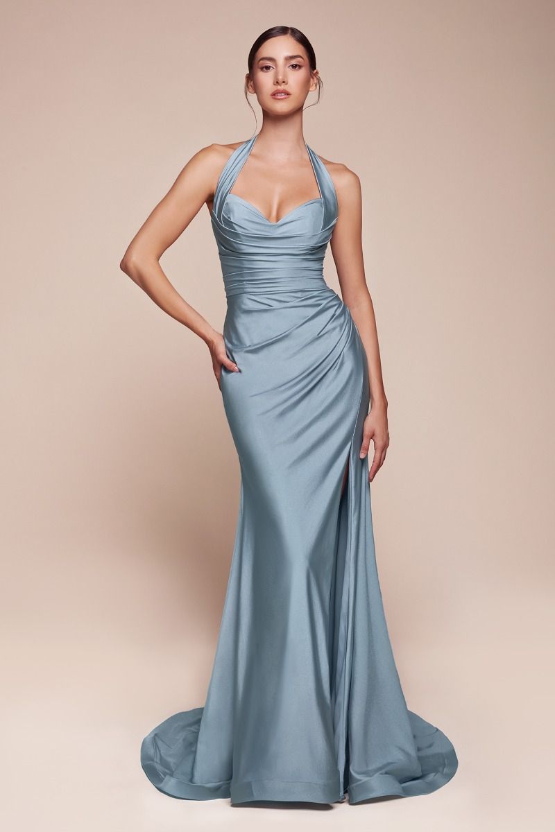Halter Satin High-Slit Prom Gown - Ladivine CD796