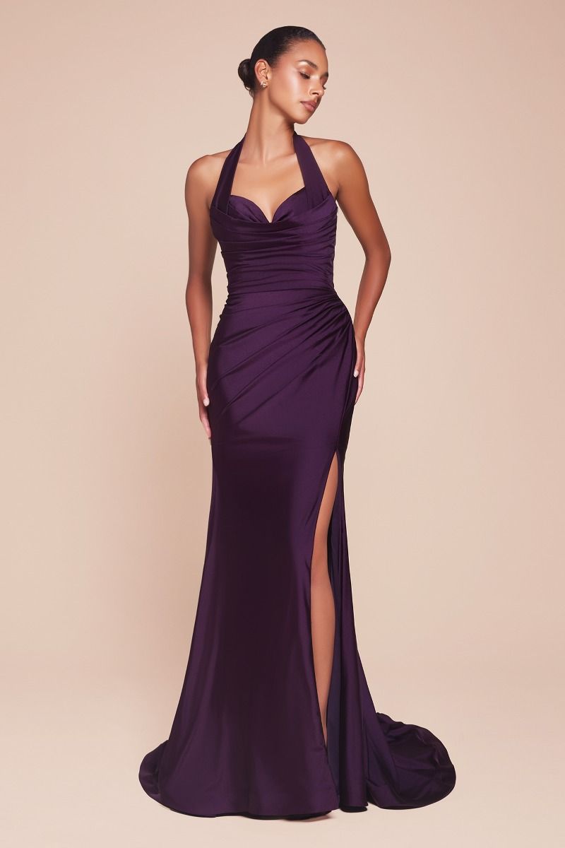 Halter Satin High-Slit Prom Gown - Ladivine CD796