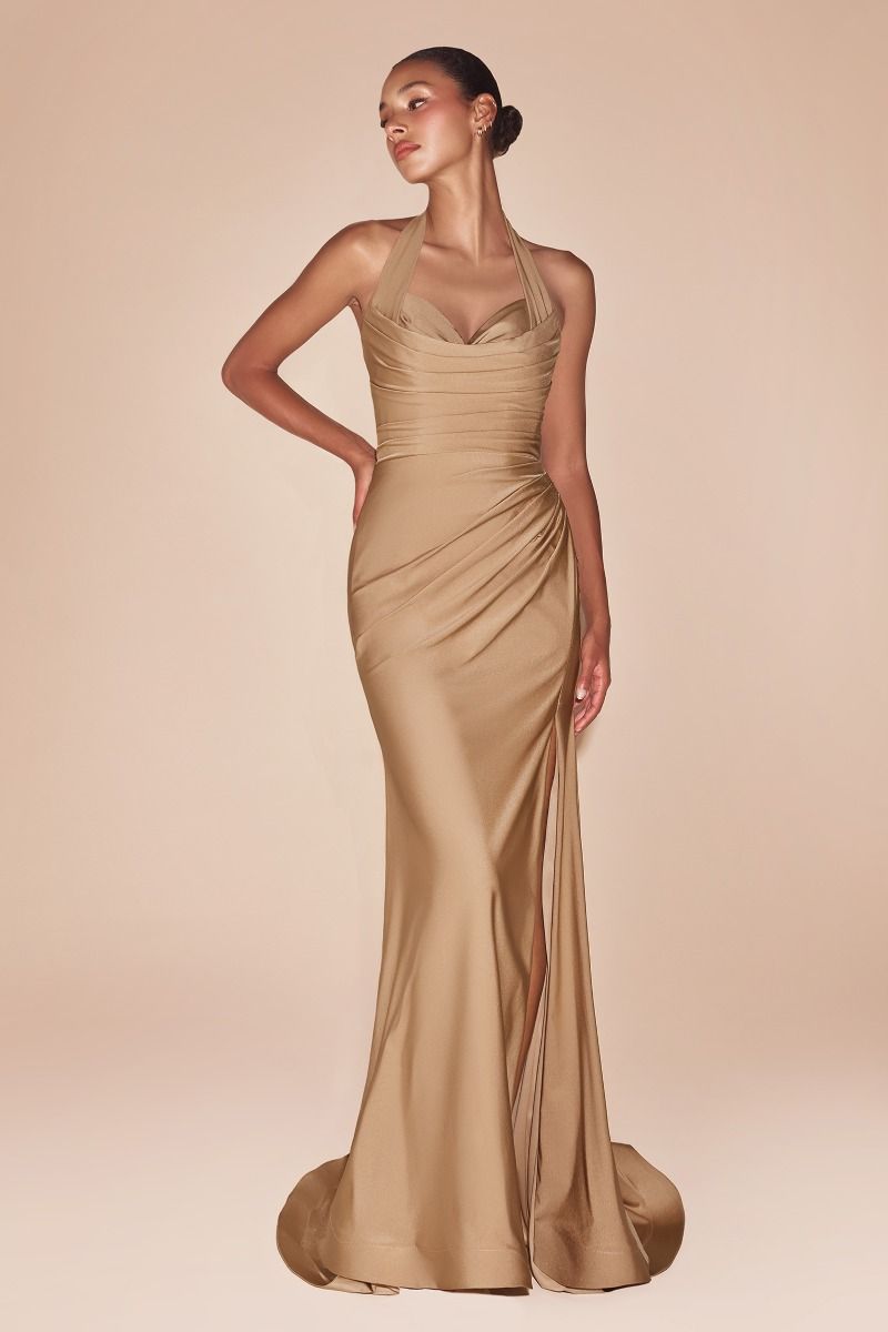 Halter Satin High-Slit Prom Gown - Ladivine CD796