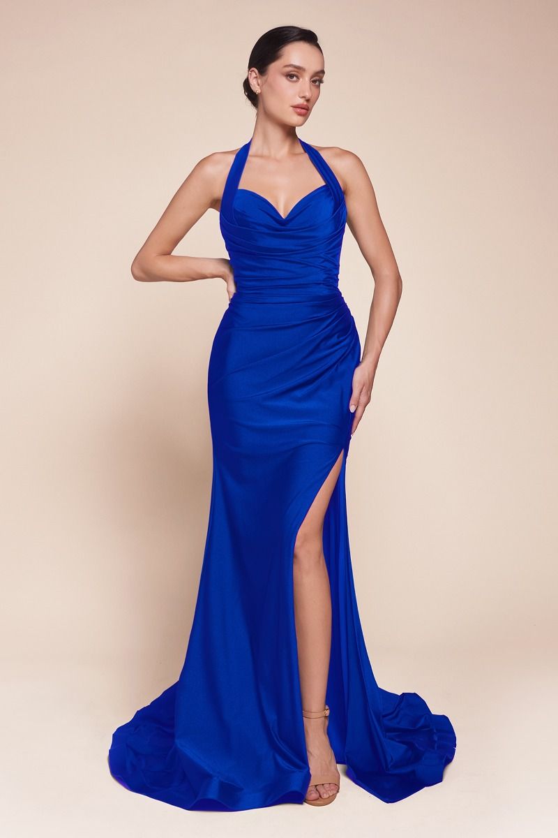 Halter Satin High-Slit Prom Gown - Ladivine CD796