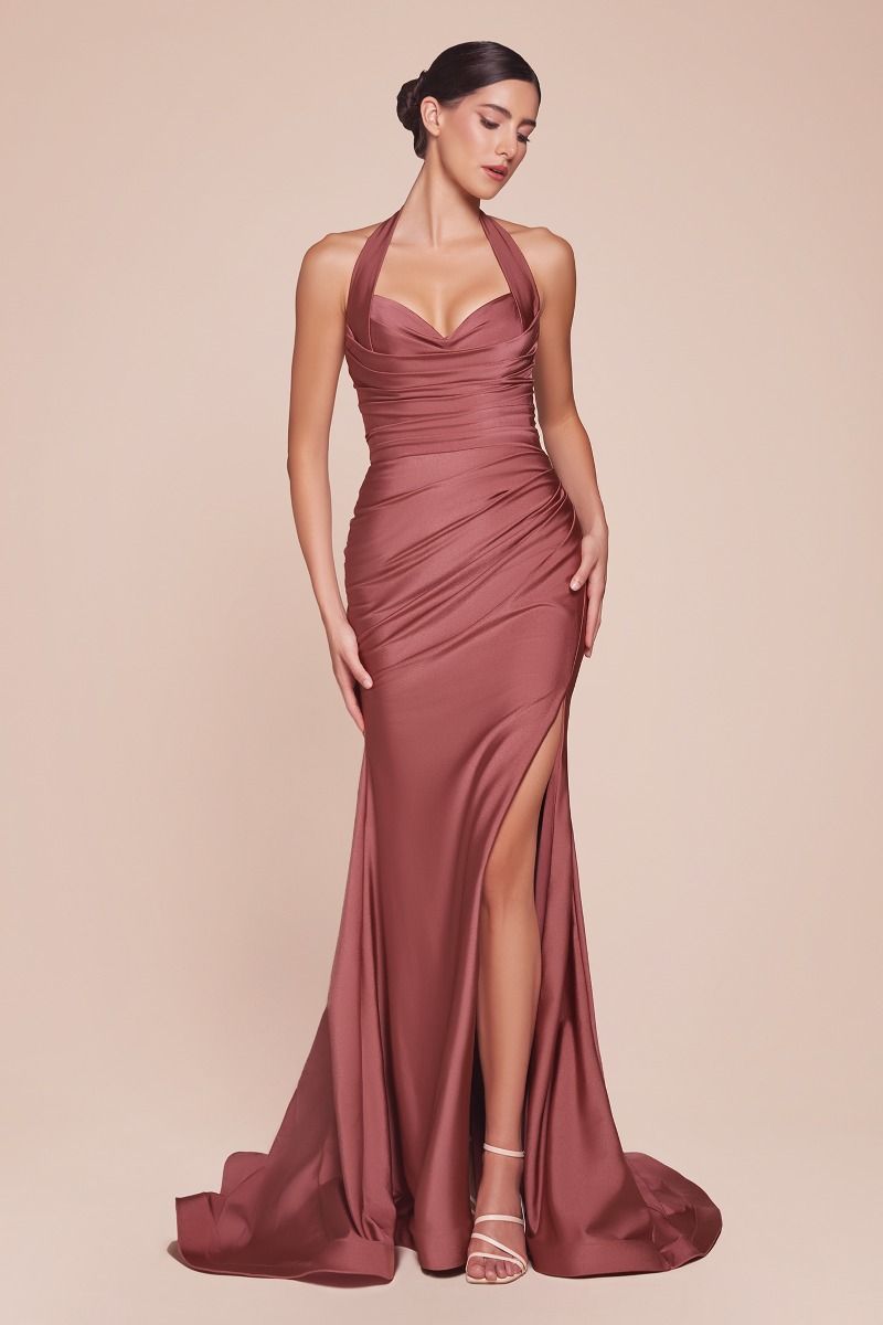 Halter Satin High-Slit Prom Gown - Ladivine CD796