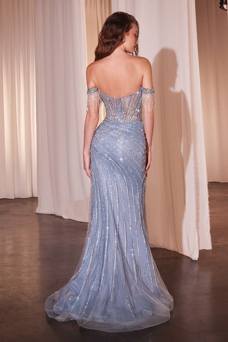 Beaded Off-Shoulder Corset High-Slit Prom Gown - Ladivine CD848