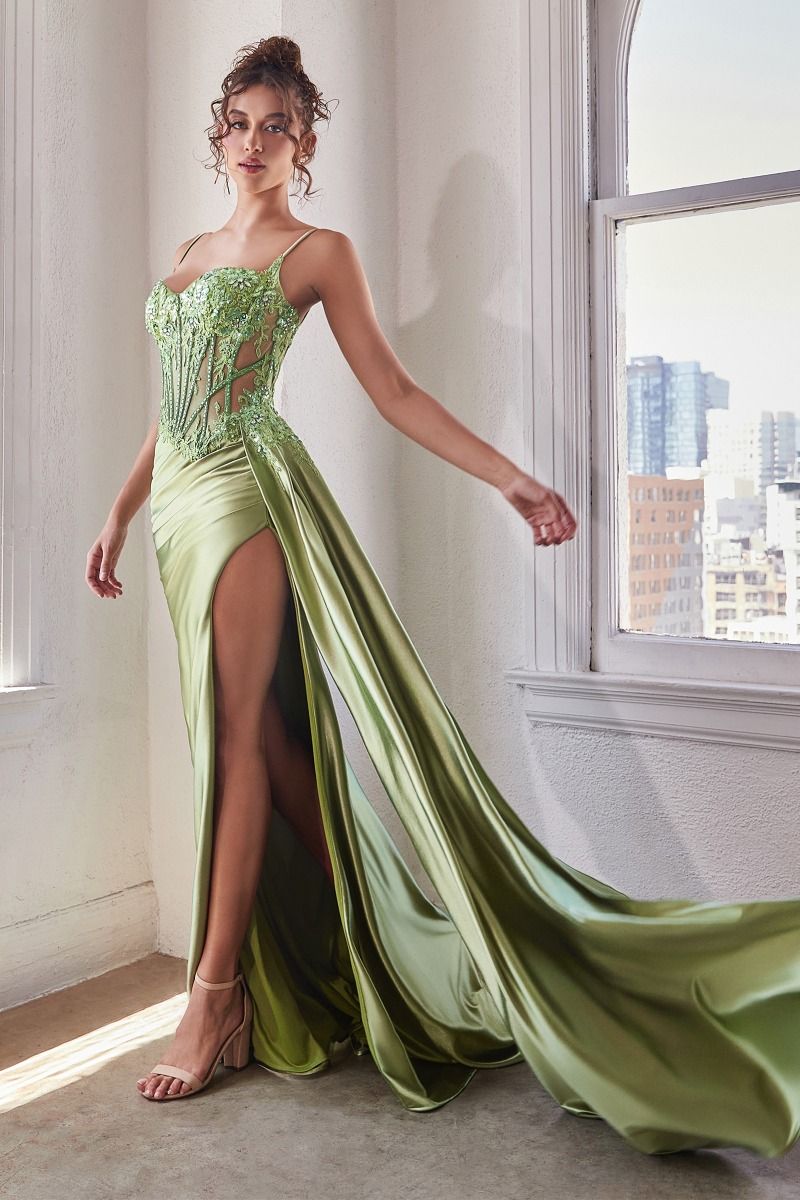 Fitted Satin Corset Applique Slit Gown - CD868