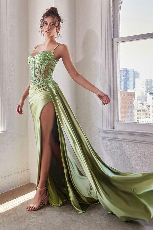 Fitted Satin Corset Applique Slit Gown - CD868