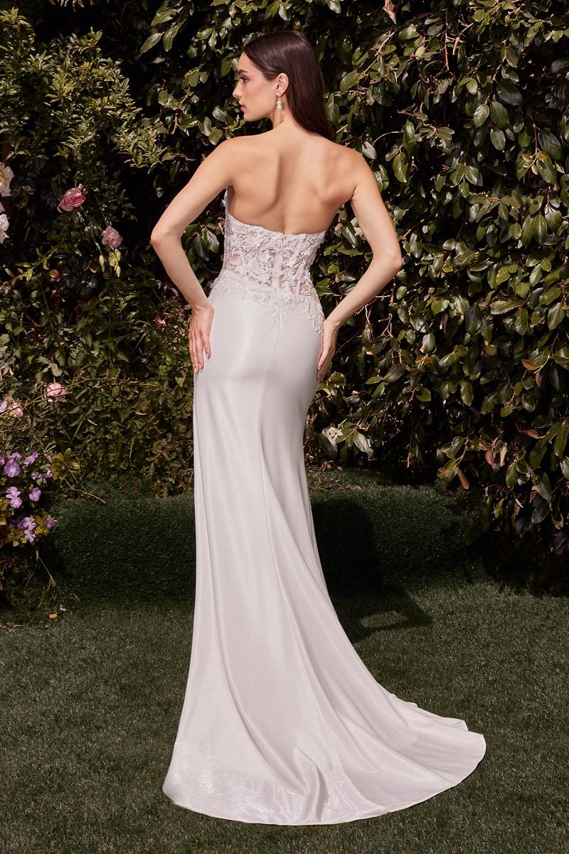 Strapless Fitted Applique Slit Wedding Gown - Ladivine CDS456W