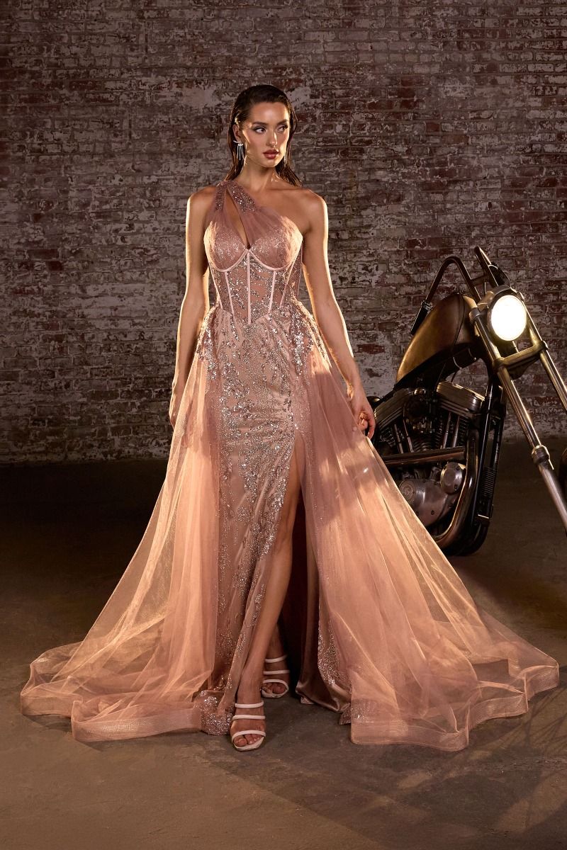 One-Shoulder Glitter Corset High-Slit Prom Gown - Ladivine J869