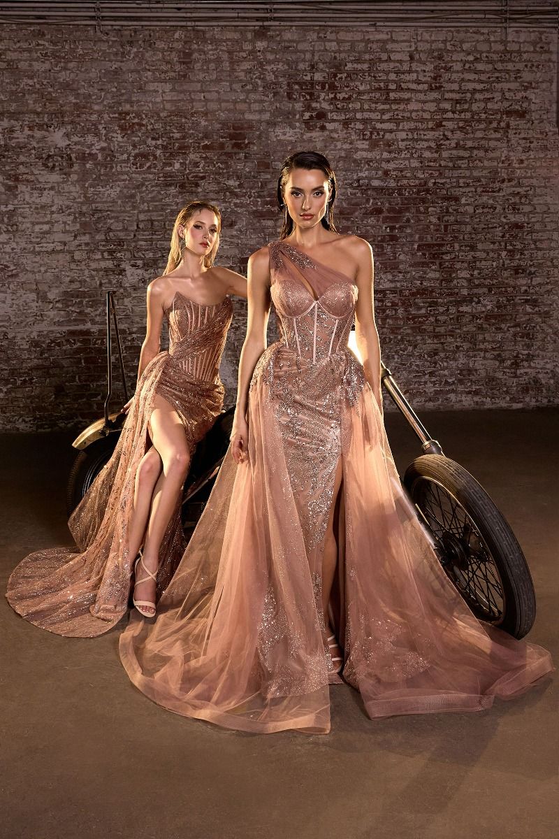 One-Shoulder Glitter Corset High-Slit Prom Gown - Ladivine J869