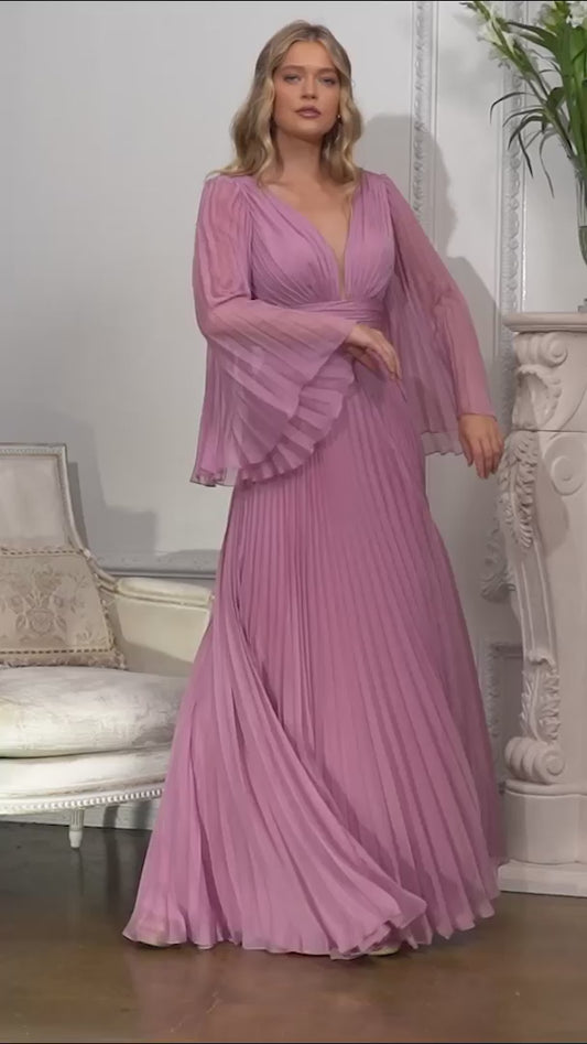 Chiffon Pleated Bell Sleeve Gown - Cinderella Divine CD242