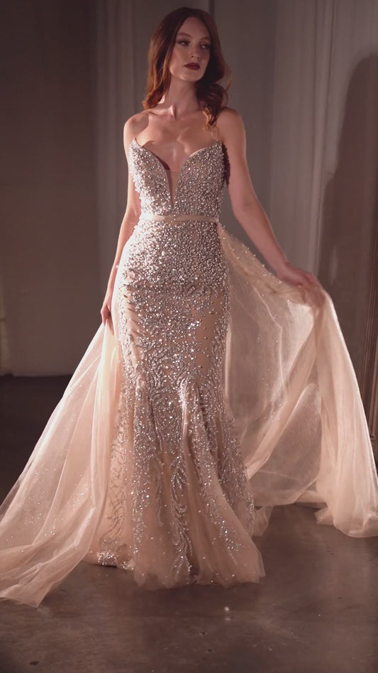 Strapless Beaded Mermaid Prom Dress with Overskirt - Ladivine CZ0028