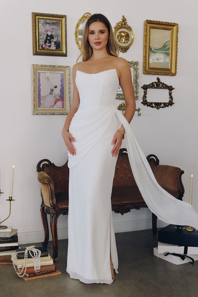 Strapless Fitted White Chiffon Bridal Gown - Amoris T726W