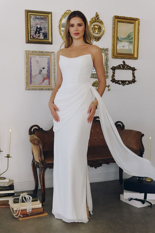 Strapless Fitted White Chiffon Bridal Gown - Amoris T726W