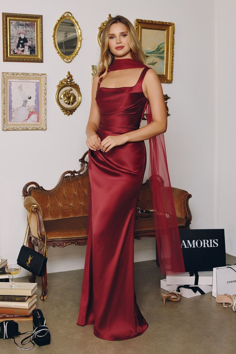 Sleeveless Satin Fitted Scarf Gown - Amoris T729