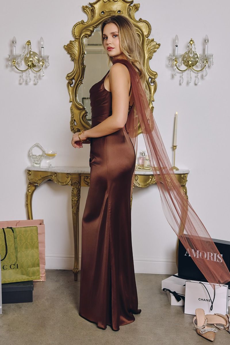 Sleeveless Satin Fitted Scarf Gown - Amoris T729