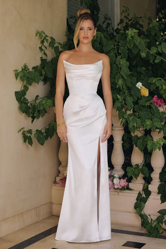 Off Shoulder White Satin High-Slit Bridal Gown - Amoris T820W