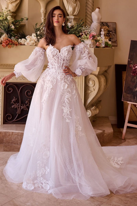 Convertible Lace Puff Sleeve Bridal Gown - Ladivine WL018