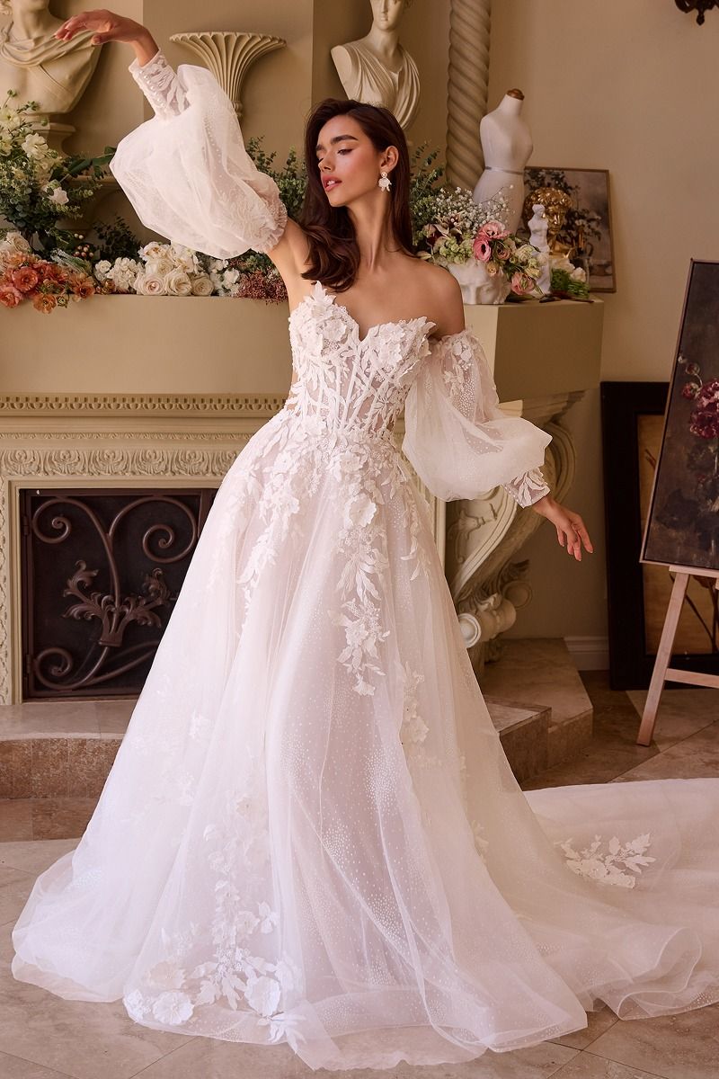 Convertible Lace Puff Sleeve Bridal Gown - Ladivine WL018