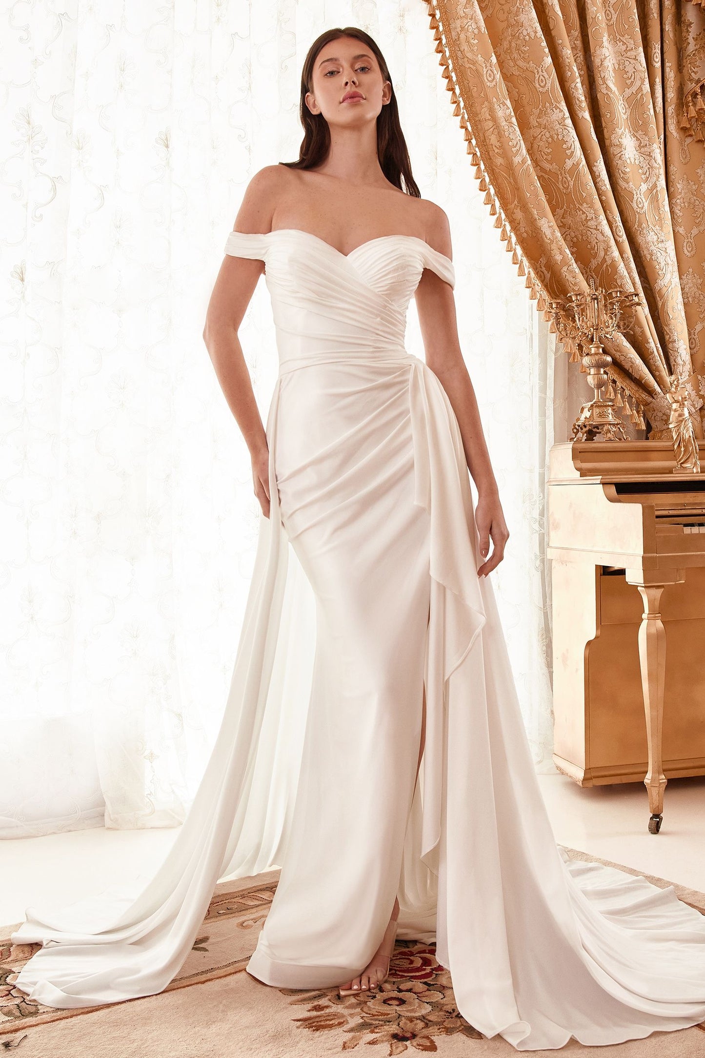 Off Shoulder Ruched Wedding Gown with Overskirt - Ladivine WN315